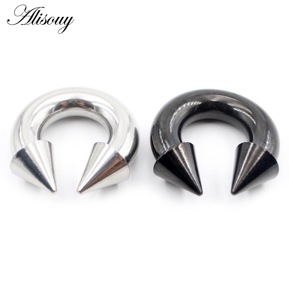 Alisouy 1 Stück Nasenring mit Hufeisen-Spikes, Edelstahlkegel, großes Piercing, Septum-Ohr-Expander-Stecker mit Innengewinde, Schwarz