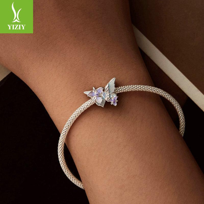 Romantic Butterfly Iris Diy Bracelet Beaded, Elegant Purple S925 Sterling Silver Beads Loose Beads