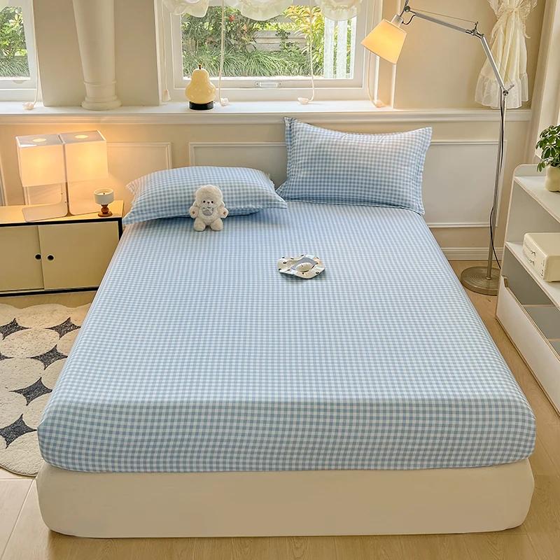 Plaid Fitted Sheet With Elastic Band Non Slip Adjustable Mattress Cover Soft Comfortable For Single Double King Queen Size