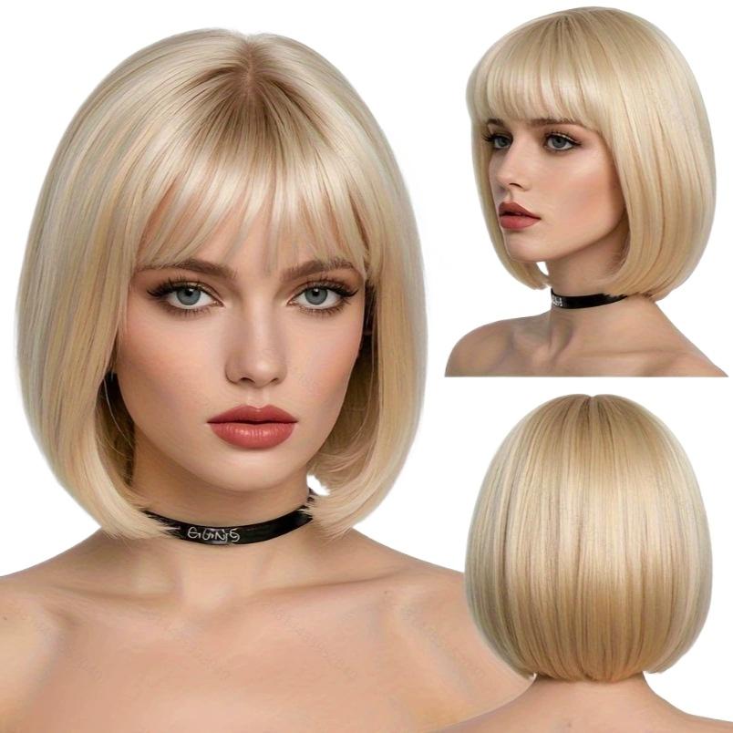 Blonde Brown Red Ombre Synthetic Bob Wigs with Bangs Short Straight Natural Hair for Women Daily Party Heat Resistant Fiber