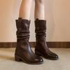 ~ Cowhide Brown Western Cowboy Boots Medium Heel Knight Boots Pile Boots Leather Medium Boots Martin Boots Women
