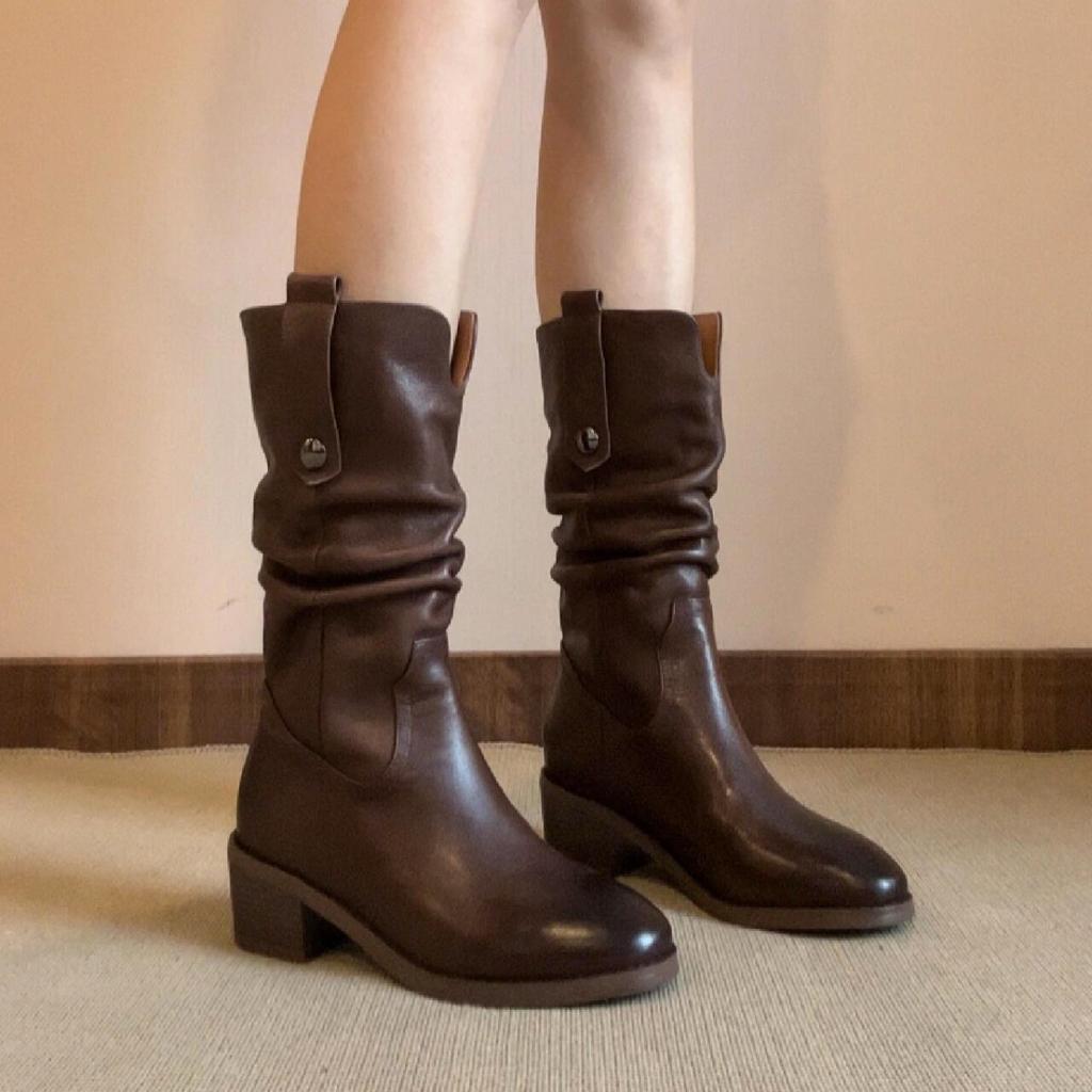 ~ Cowhide Brown Western Cowboy Boots Medium Heel Knight Boots Pile Boots Leather Medium Boots Martin Boots Women