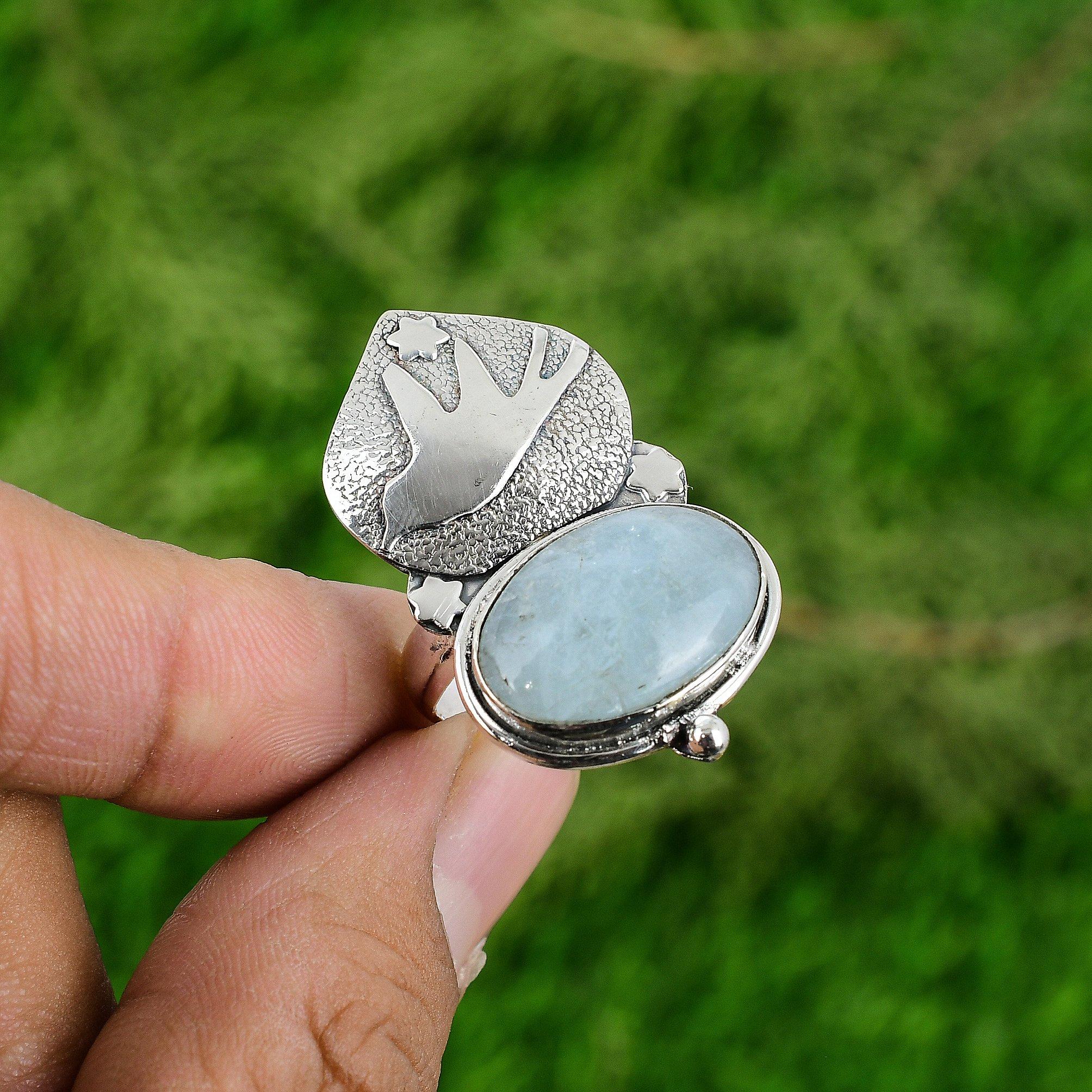 

Natural Aquamarine Gemstone Statement Bird Adjustable Ring 925 Silver For Women Adjustable