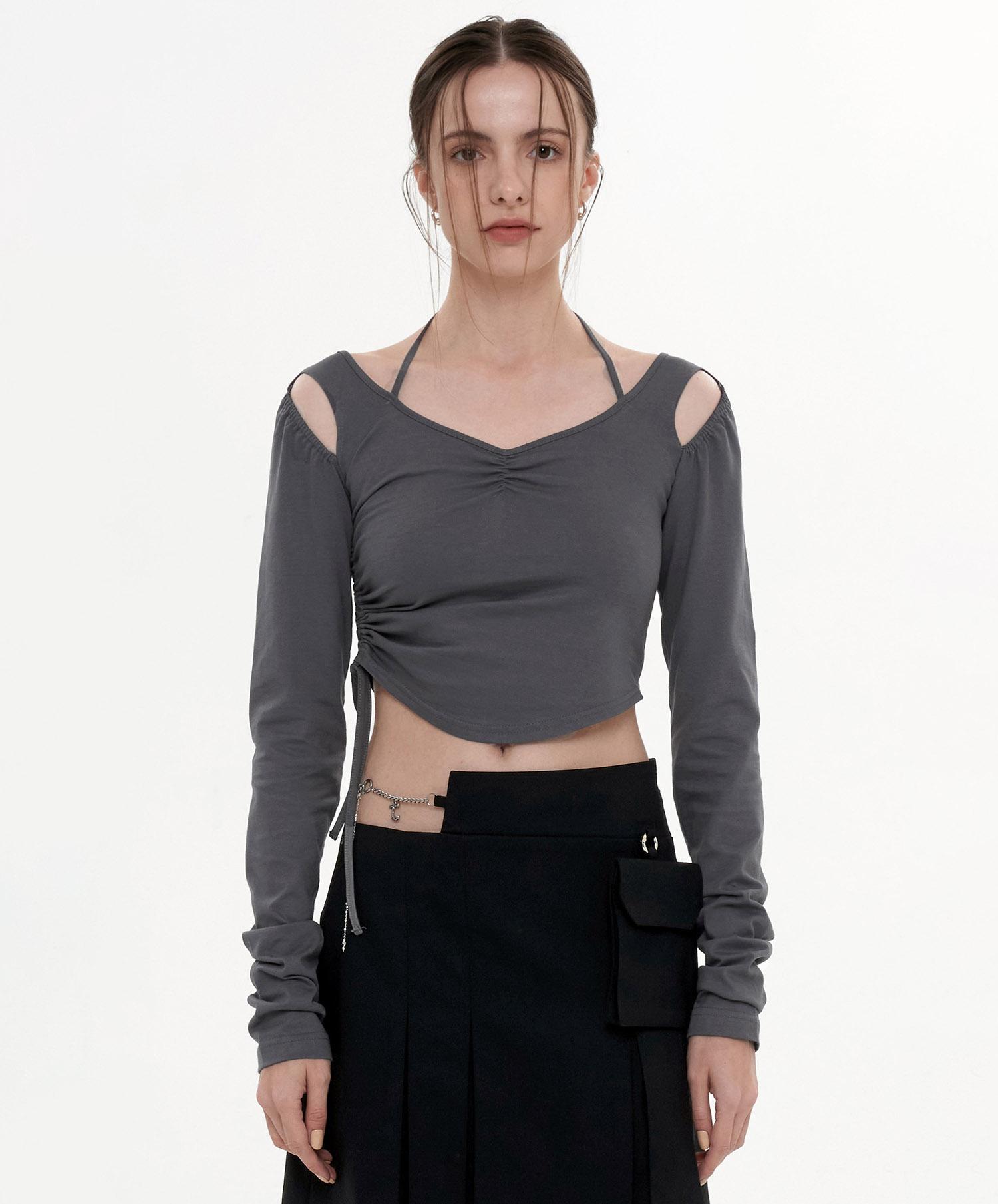 Jinju Yuz Halter Neck Shirring Top [Charcoal] Free