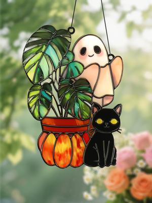 Cute Halloween Ghost Hanging Decor Acrylic Black Cat & Pumpkin Potted Plant Design Wall Decor Home & Garden Window Ornament Gift