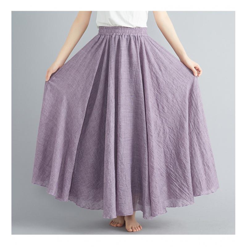 Mori Girl Plus Size Cotton Linen Midi Skirt - Elastic Waist, A-line, Solid Color, Ethnic Style, Long Length