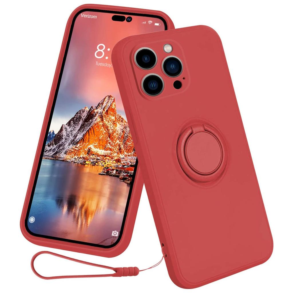 For iPhone 15 Pro Ring Kickstand Case Liquid Silicone Anti-scratch Phone Cover with Wrist Rope