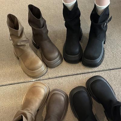 Short Martin Boots Women'S Trousers Round Head Rad Brown Boots Thick-Soled Retro American British Style
