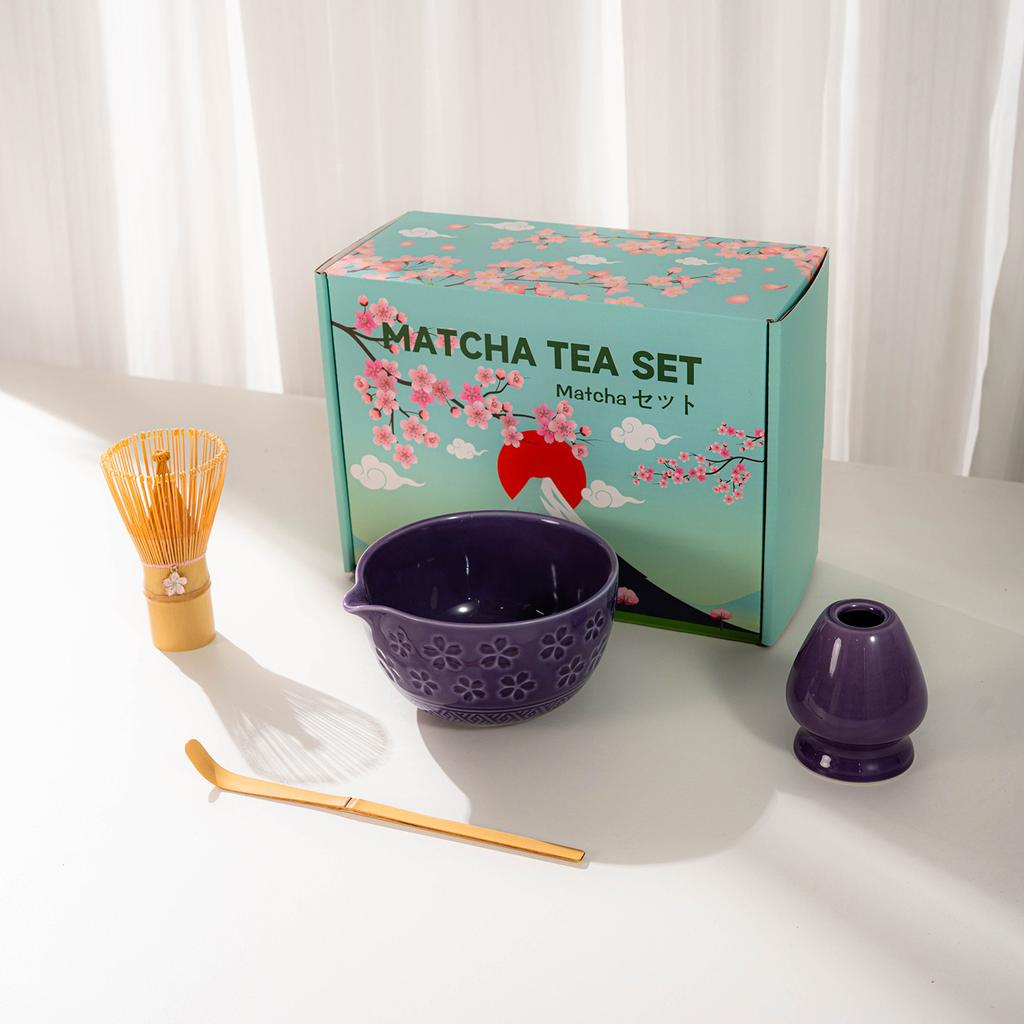 Japanese Matcha Tea Set With Cherry Blossom Pattern, Bamboo Whisk, Ceramic Matcha Bowl, Matcha Making Kit, Tea Utensils Set Gift
