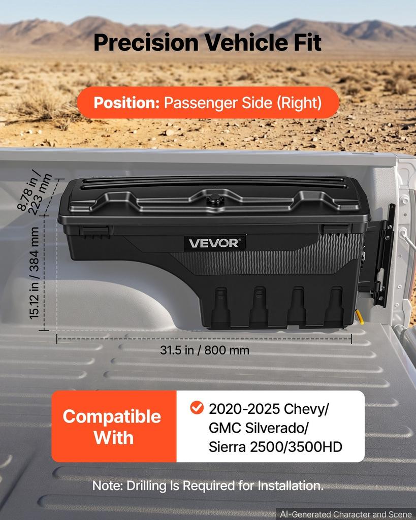 Truck Bed Storage Box, 25L Waterproof ABS Wheel Well Tool Box, Anti-Theft Lock, Compatible with 2020-2025 Chevy/GMC Silverado/Sierra 2500/3500HD,