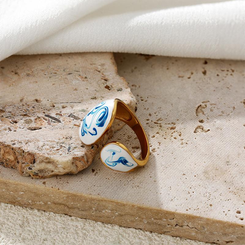 Blue Flower Enamel Drip Oil Ring Vintage Adjustable Blue And White Porcelain Ring Chinese Style Copper Irregular Opening Ring