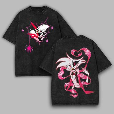 Camiseta de Dibujos Animados Hazbin Hotel Adam El Exorcista para Hombre y Mujer Ropa Anime Vintage Lavada Camiseta de Algodón Manga Corta Camisetas Holgadas