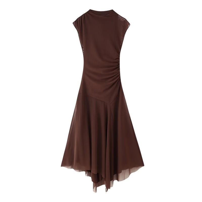 

European American Women s Clothing Summer Slim-fitting Pleated Silk Mesh Long Dress L