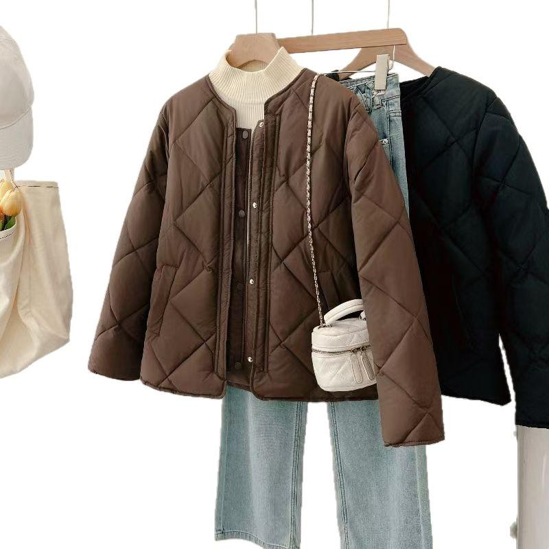 2025 Winter New Rhombus Cotton-padded Clothes Women's Short Bread Clothes Placket Down Cotton-padded Clothes Collarless Cotton-padded Jackets