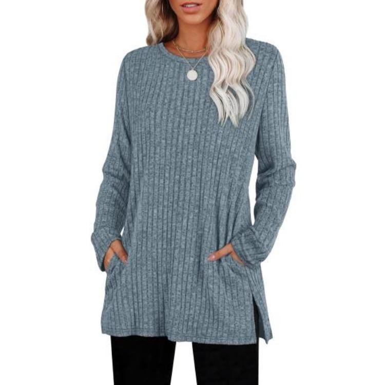 Women Long Sleeve Knit Tops Casual Solid Color Striped Blouse with Side Pocket