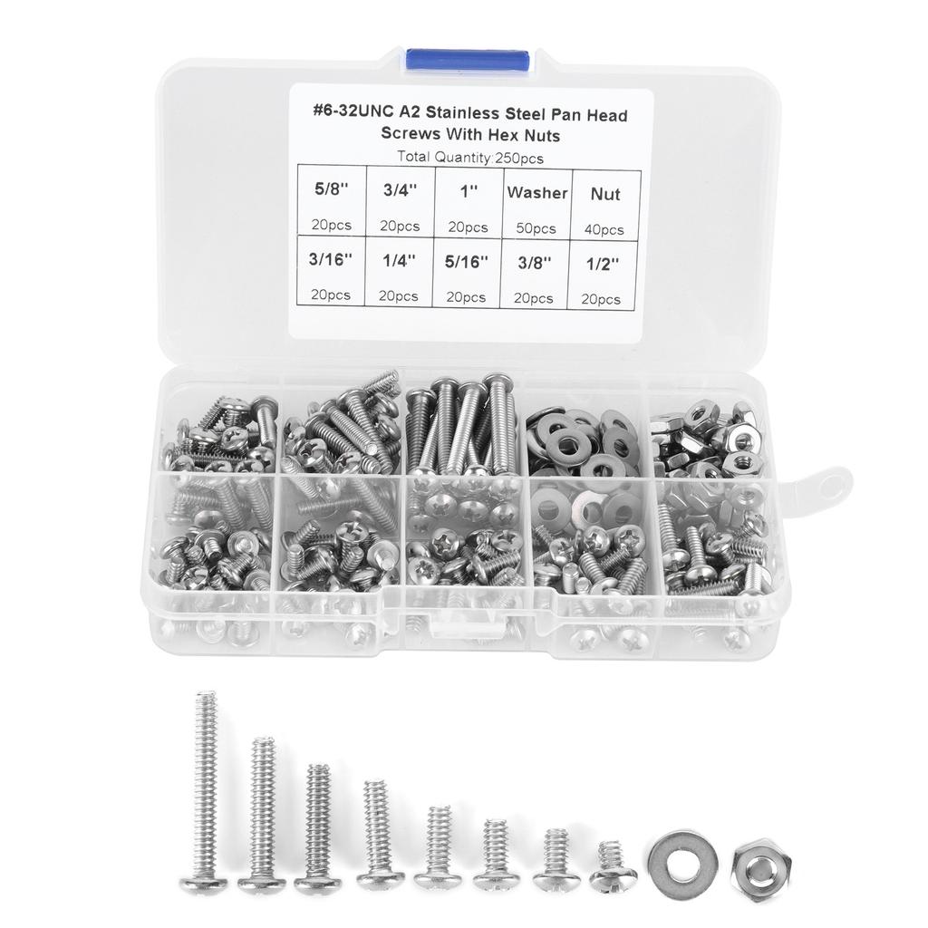 304 Stainless Steel Screws Cross Pan Head Screws with Hex Nuts Washers Screw Kit250pcs #632UNC