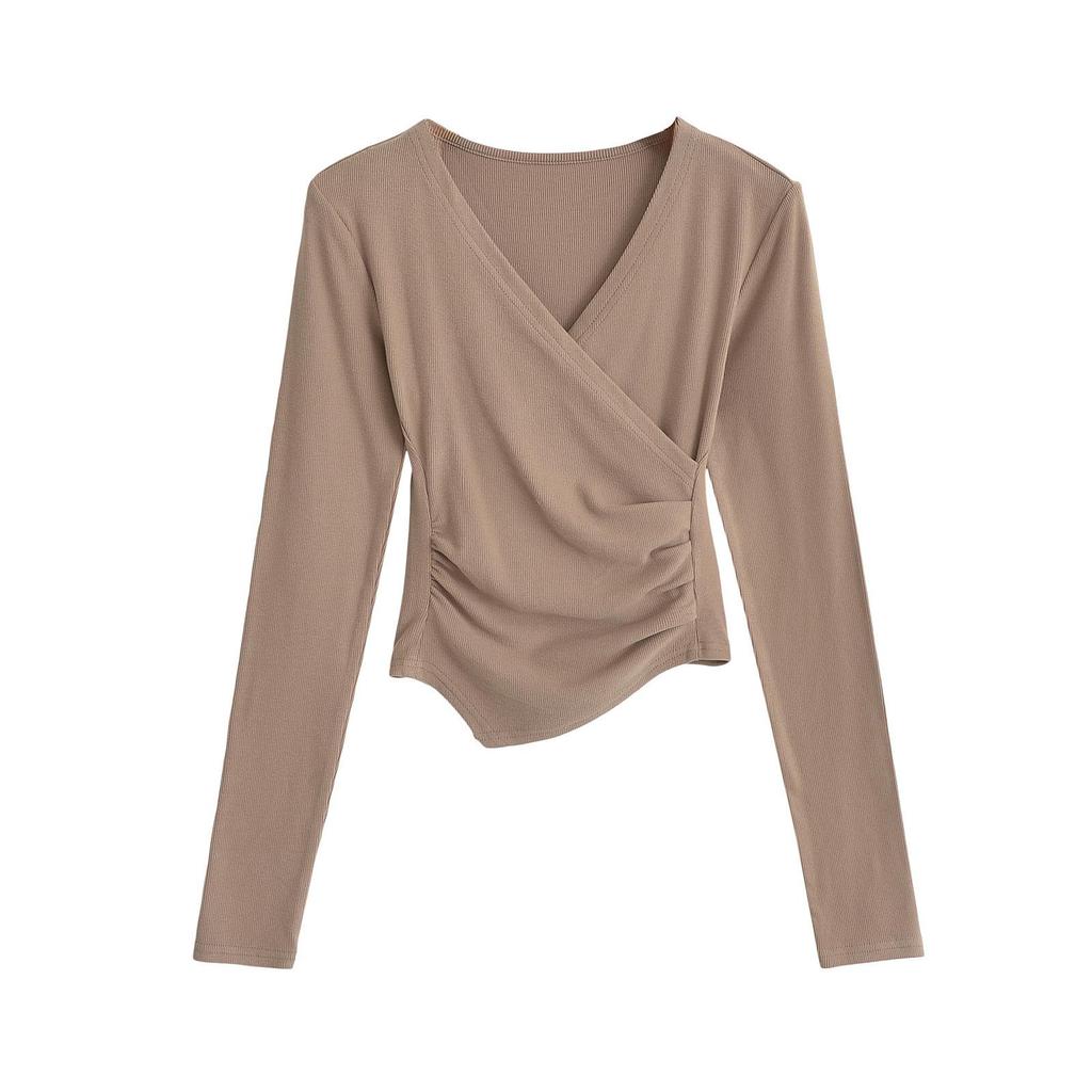 Damen scharfes V-Ausschnitt gefaltetes langärmeliges figurbetontes schickes T-Shirt