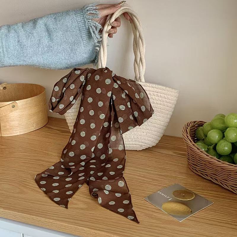 Lazy Wind Premium Retro Brown Polka Dot Long Light Luxury Tie Bag Long Hair Belt Chiffon Silk Scarf Vacation Scarf