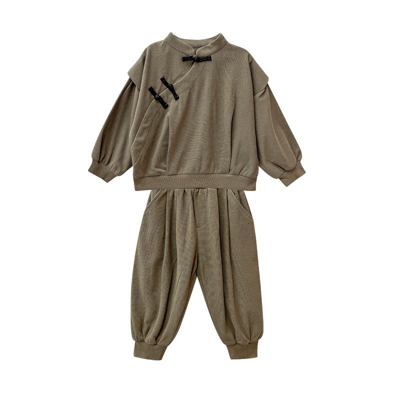 Boys' Retro Chinese Style Casual Set - Autumn 2025: Solid Color Long Sleeve Top & Pants with Frog Buttons
