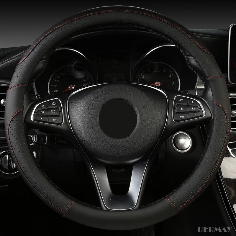 DERMAY  New Car Steering Wheel Cover PU Leather M Size Fit Standard Steering Wheel 37-38cm(14-15") Non-slip & Easy Install