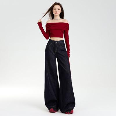 Early Spring Dark Blue Hong Kong Style Relaxed Wide Leg Denim Pants Blue For Women Casual Pants Oversize Denim Trousers