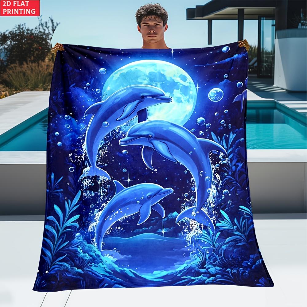 Manta de Delfín Escena de Luna Oceánica Manta Polar Decoración de Vida Marina Suave Cálida Todas las Estaciones Regalo para el Hogar