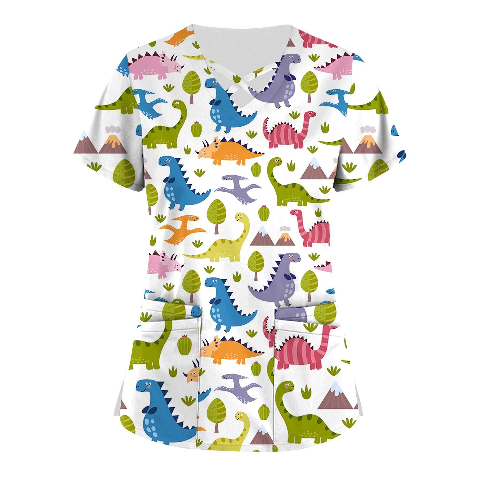 

Плюс размер, милая рабочая форма с принтом, топы для женщин, забавные футболки с перекрестным v-образным вырезом и короткими рукавами, рабочая одежда, футболка с карманами M зелёный