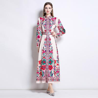 Spring Autumn Women Vintage Print Runway Dresses Single Breasted Long Maxi Party Belt Robe Dress for Graduation