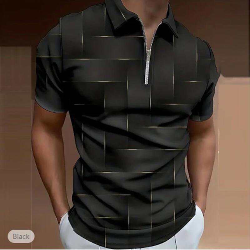Casual Lapel T-shirt Young Men's Fashion Zipper T-shirt Short Sleeve T-shirt Men's 3D Boutique Men's Square Pattern Print T Shirt