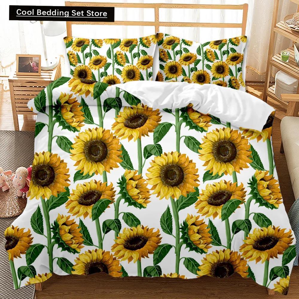 Comforter Sunflower Girly Yellow Floral Print Twin Comforter Women Blossom Flowers Polyester Bedding Set King Size