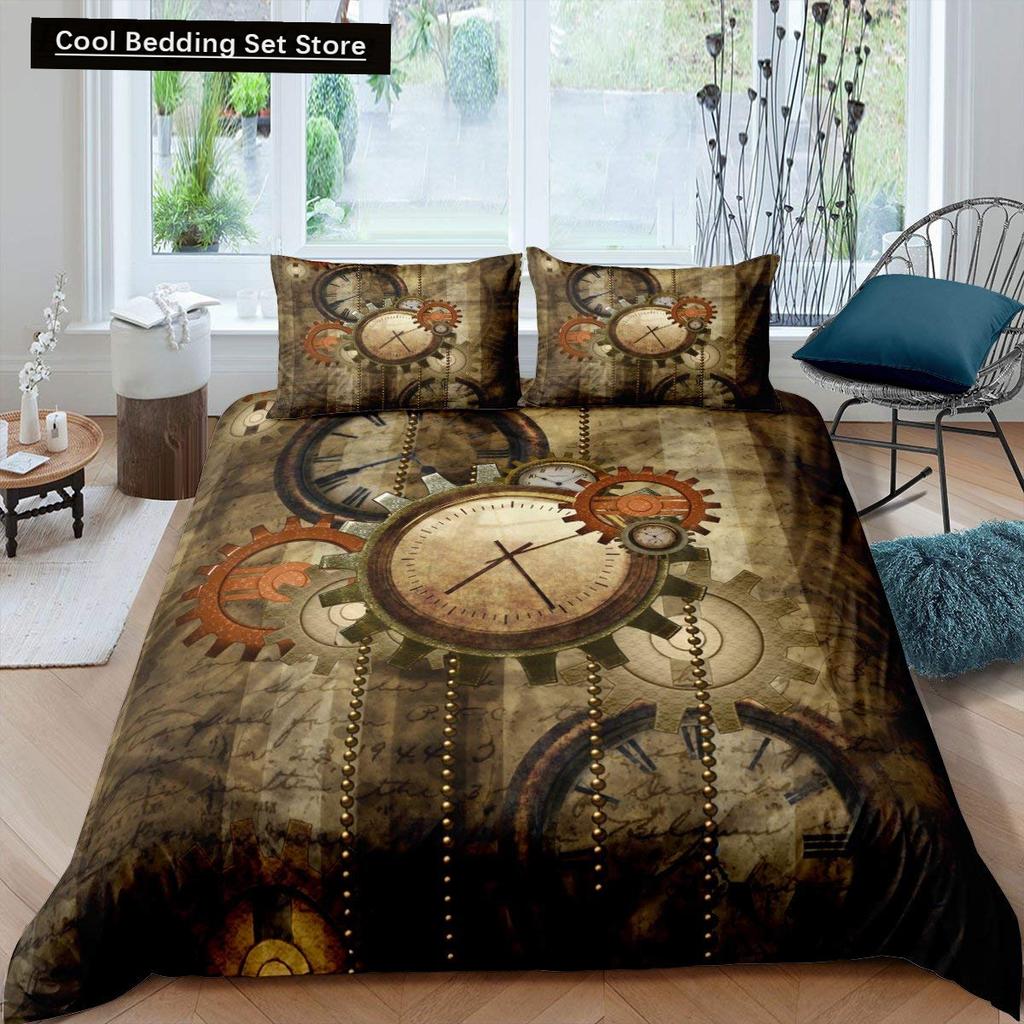 Golden Industrial Gear King Full Duvet Cover Steampunk Style Bedding Set Mechanical Device Quilt Cover Polyester Comforter Cover
