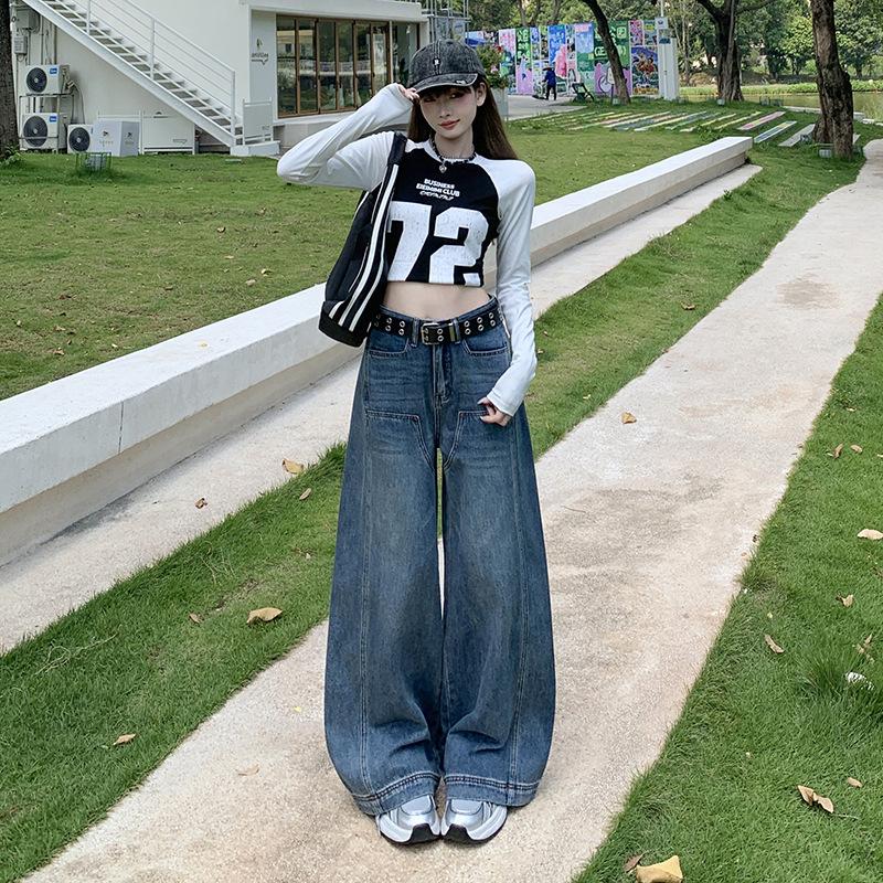 Autumn new American retro street jeans women's high waist loose and thin versatile washed floor-mopping wide-leg pants tide