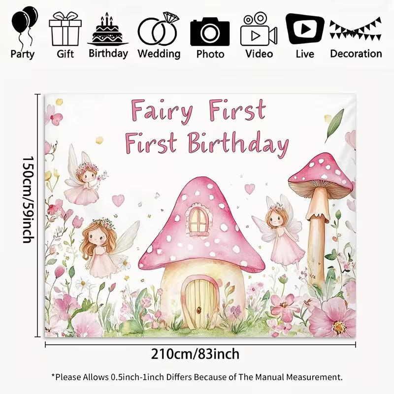 

2D Fairy First Birthday Photography Backdrop Pink Mushroom Garden Party Decor 47.2x31.5inch/120*80cm