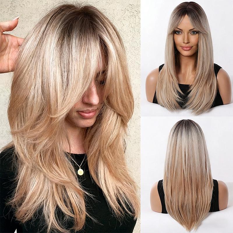 

European and American Fashion Layered Center-Part Wave Wig, Golden Brown Wave Curly High-Temperature Fiber Hairpiece золотистий