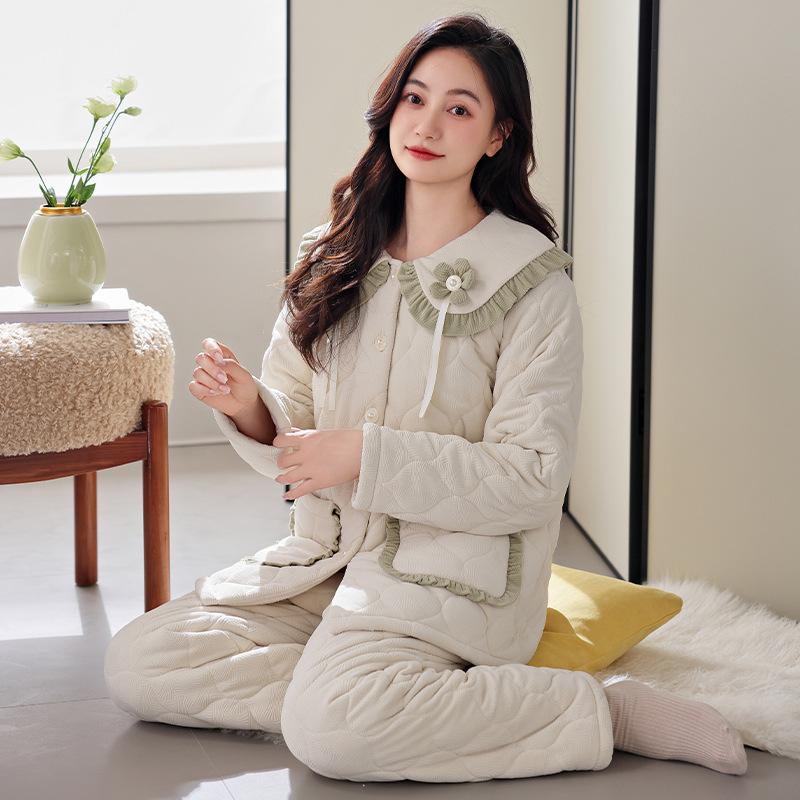 Coral Fleece Three-Layer Padded Pajamas Women'S Autumn And Winter Thickened Warm Padded Jacket Loungewear Set