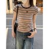 Women's Summer Retro Chic Striped Color-Block Slim-Fit T-Shirt with Short Sleeves
