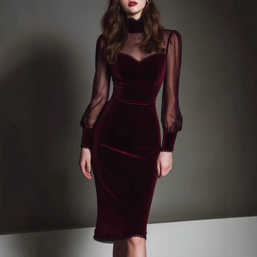 Long Sleeve Chiffon Mesh Patchwork Slim Fit Women's Elite Style One-Piece Dress