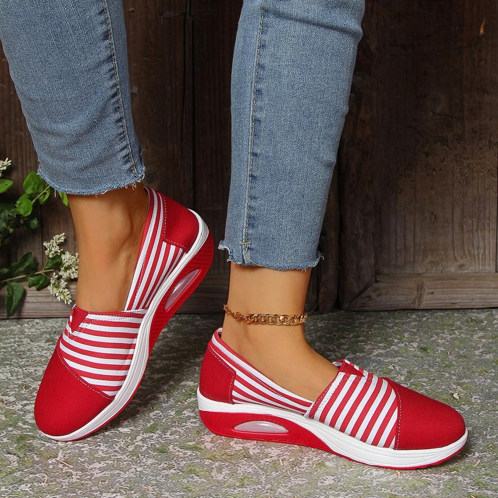 Women's Striped Slip-On Sneakers - Round Toe, Low Top, All-Season Comfort Shoes and Breathable Fabric Insole
