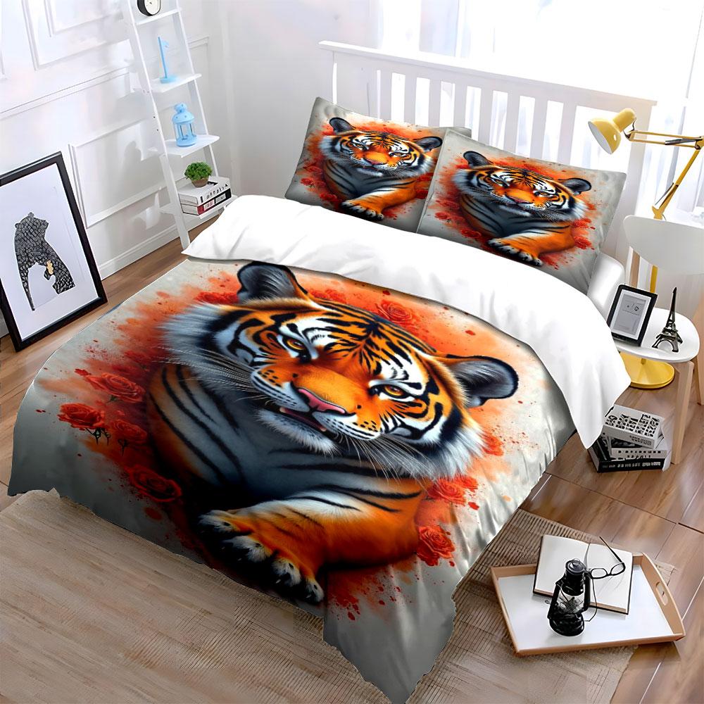 Tiger with red roses. Bedding sets Duvet cover sets Duvet covers Pillowcases(1*Duvet Cover 2*Pillowcases without duvet insert)