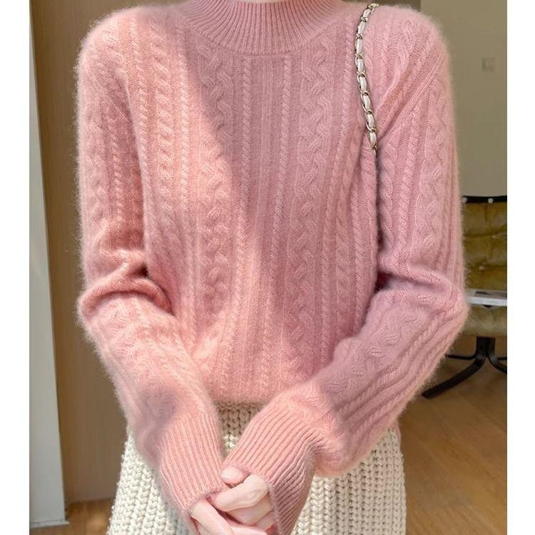 

Однотонный свитер с высоким воротом, универсальный вязаный свитер с длинными рукавами для весны и осени, женская одежда XXL розовый