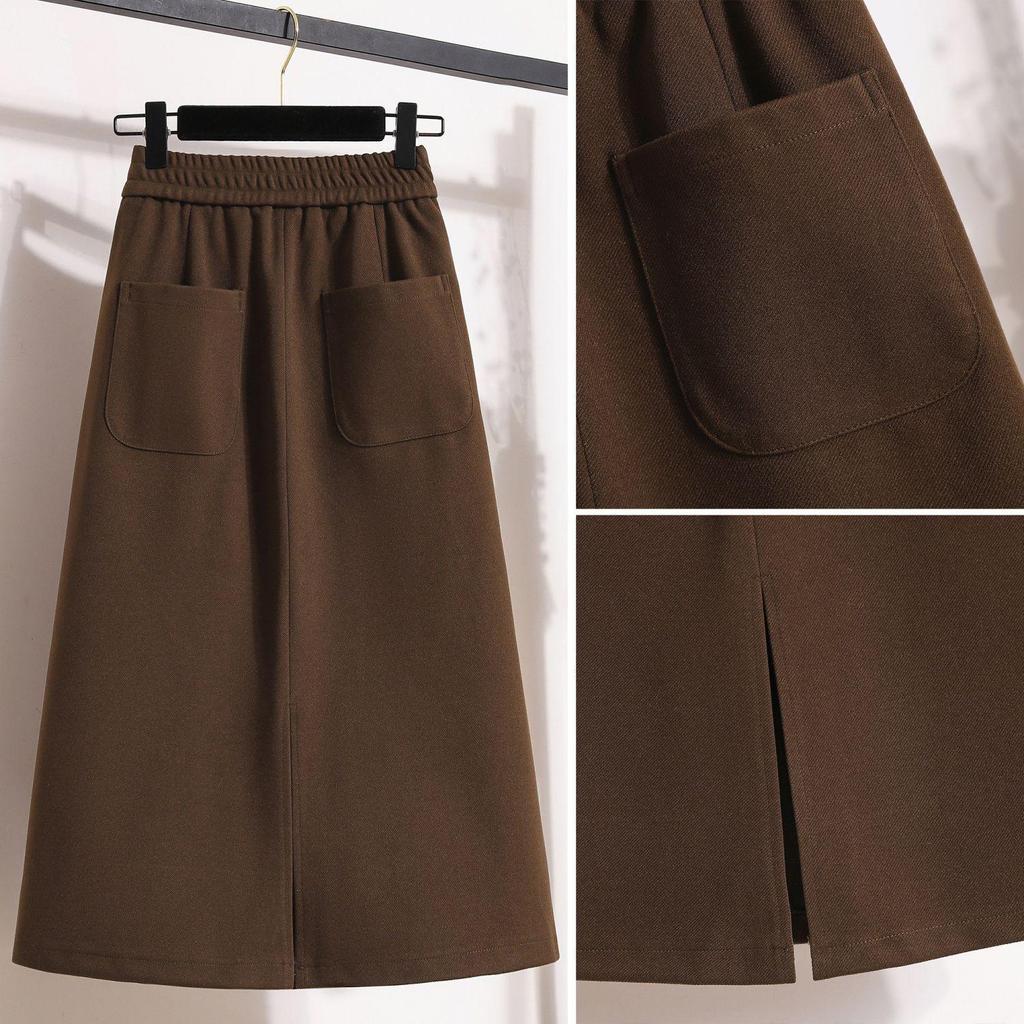 Women's Solid Color Half-Skirt with Pockets and Back Slit - Spring/Autumn Stylish, Elastic Waist, Mid-Length, Mature Style
