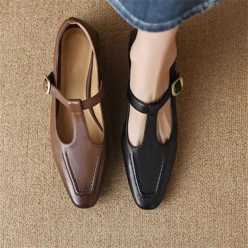 Korean Version of Soft Leather Retro Square Head Single Shoes Women's 2025 Summer New Thick Heel Soft Sole T-shaped Buckle Small Leather Shoes Women