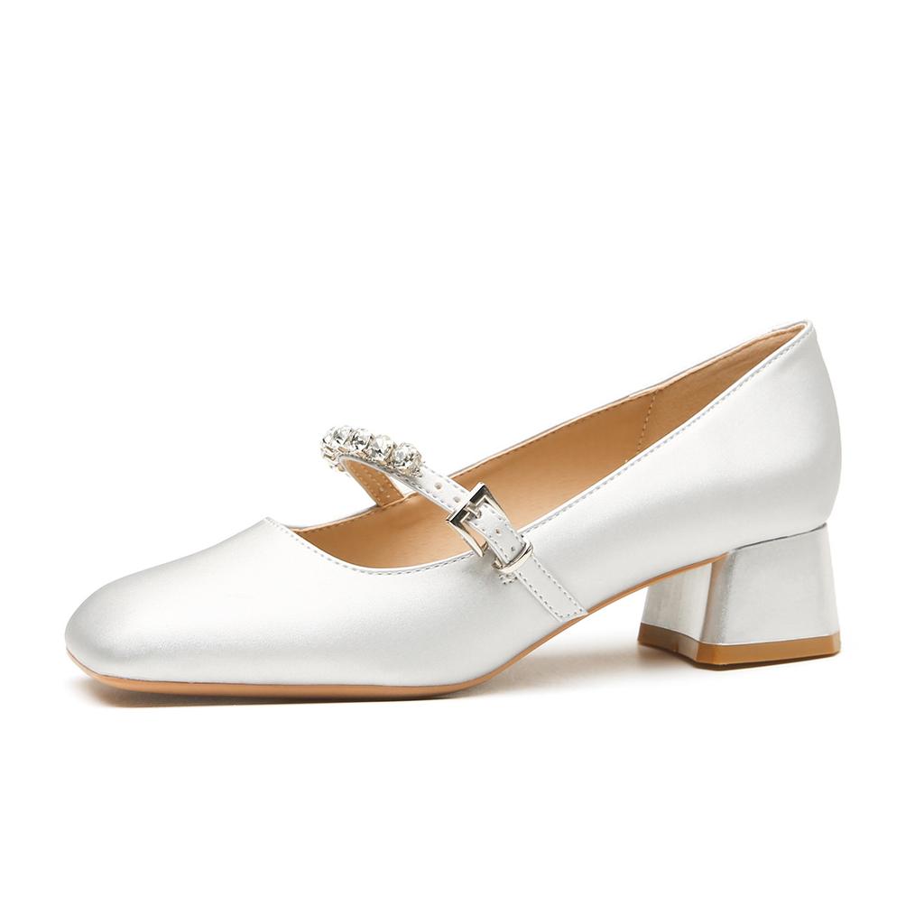 57706 [sheepskin] high heels women's thick heel 2025 new square head rhinestone one-word buckle Mary Jane single shoes