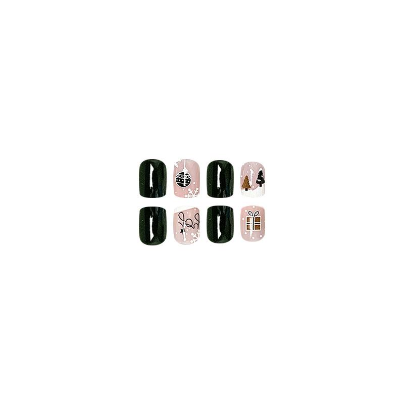 24pcs Press On Nails Simple Cute Christmas Tree Nail Art Pieces Dark Green White Snow False Nails Short European Square Nail Art Pieces Removable