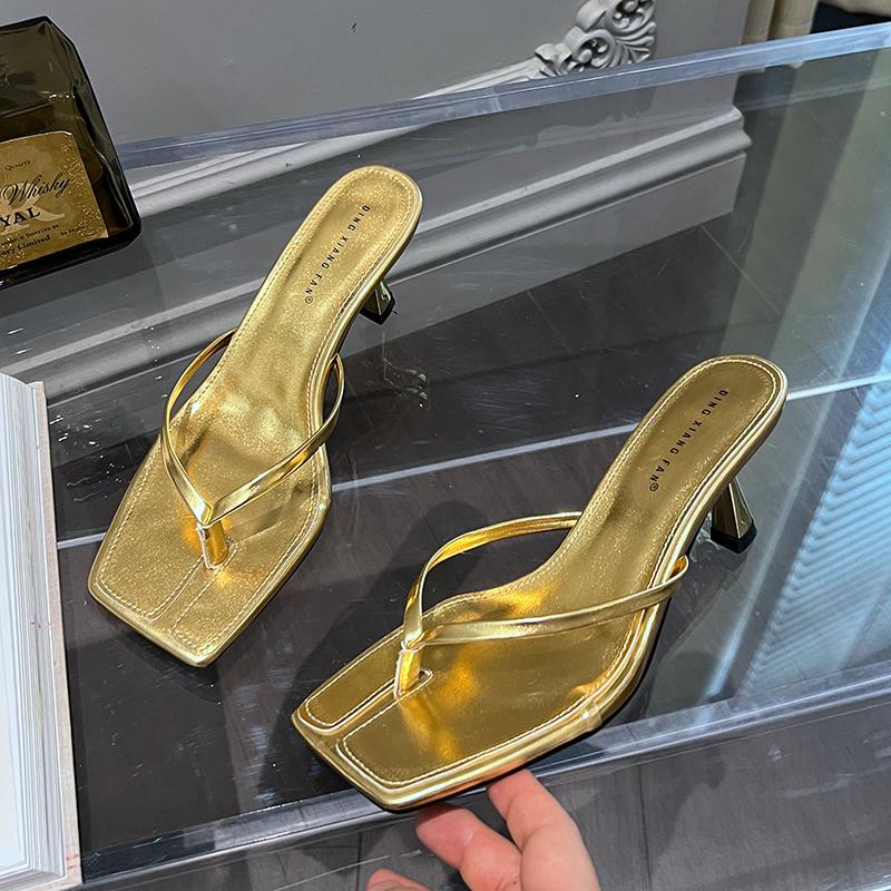 Mode SUOJIALUN 2025 Sommer Dünner Hoher Absatz Damen Slipper Mode Schmaler Riemen Slipper Damen Flip Flop Outdoor Kleid Sandale Pantoletten Schuh
