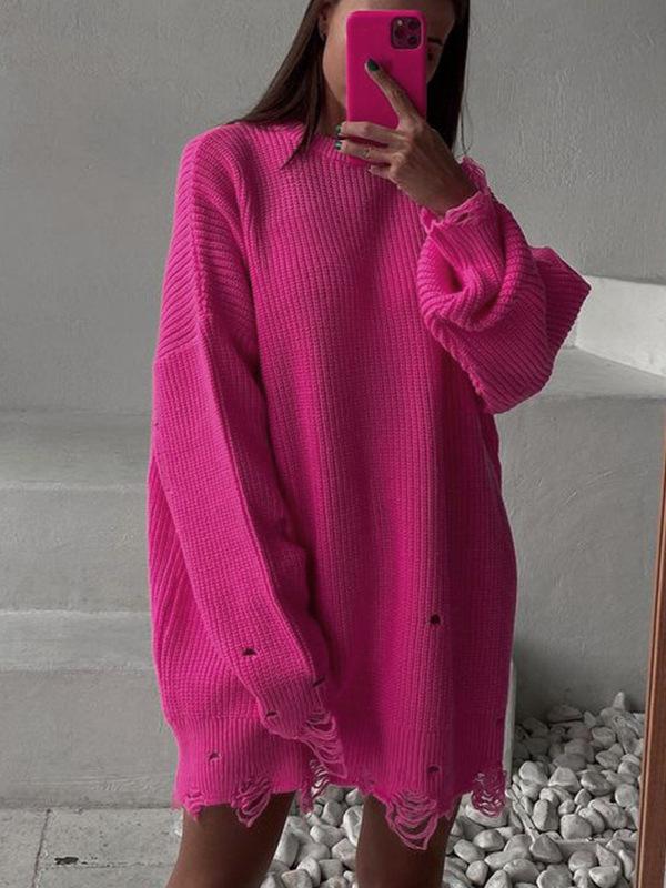 Women's Autumn/Winter Solid Color Ripped Knit Sweater Dress - Round Neck, Long Sleeve, Mid-Length Pullover