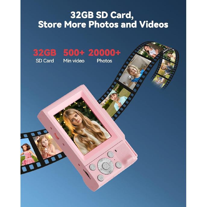 Pink Digital Camera for Kids & Teens - 16X Zoom, Compact, Ages 8-13 - Christmas & Birthday Gift for Girls