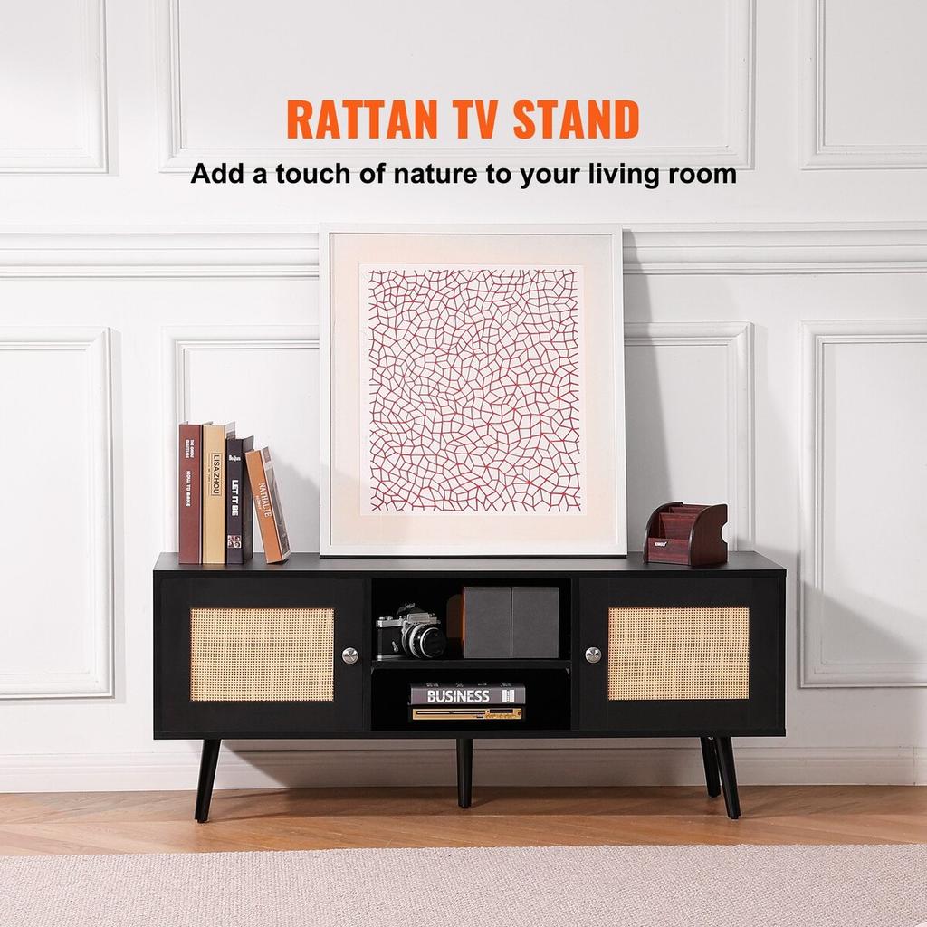 Rattan TV Stand, Boho TV Cabinet for 55 Inch TV, Mid Century Modern TV Stand, Rattan TV Console with Adjustable Shelfs for Living Room, Media Room,