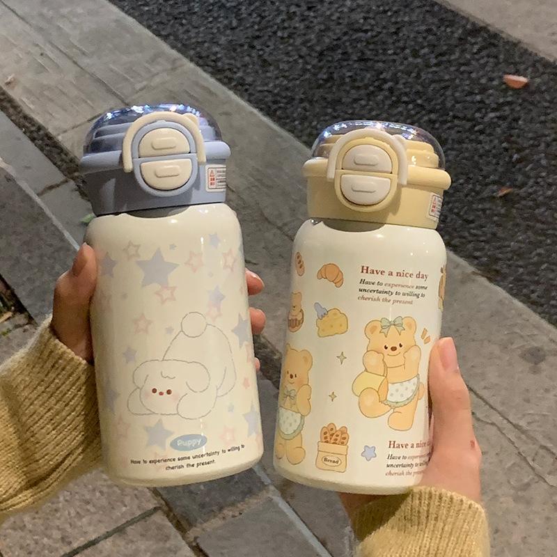 Thermos cup Stainless steel long-term thermal insulation straw cup Girls ins high value large capacity portable double drinking cup