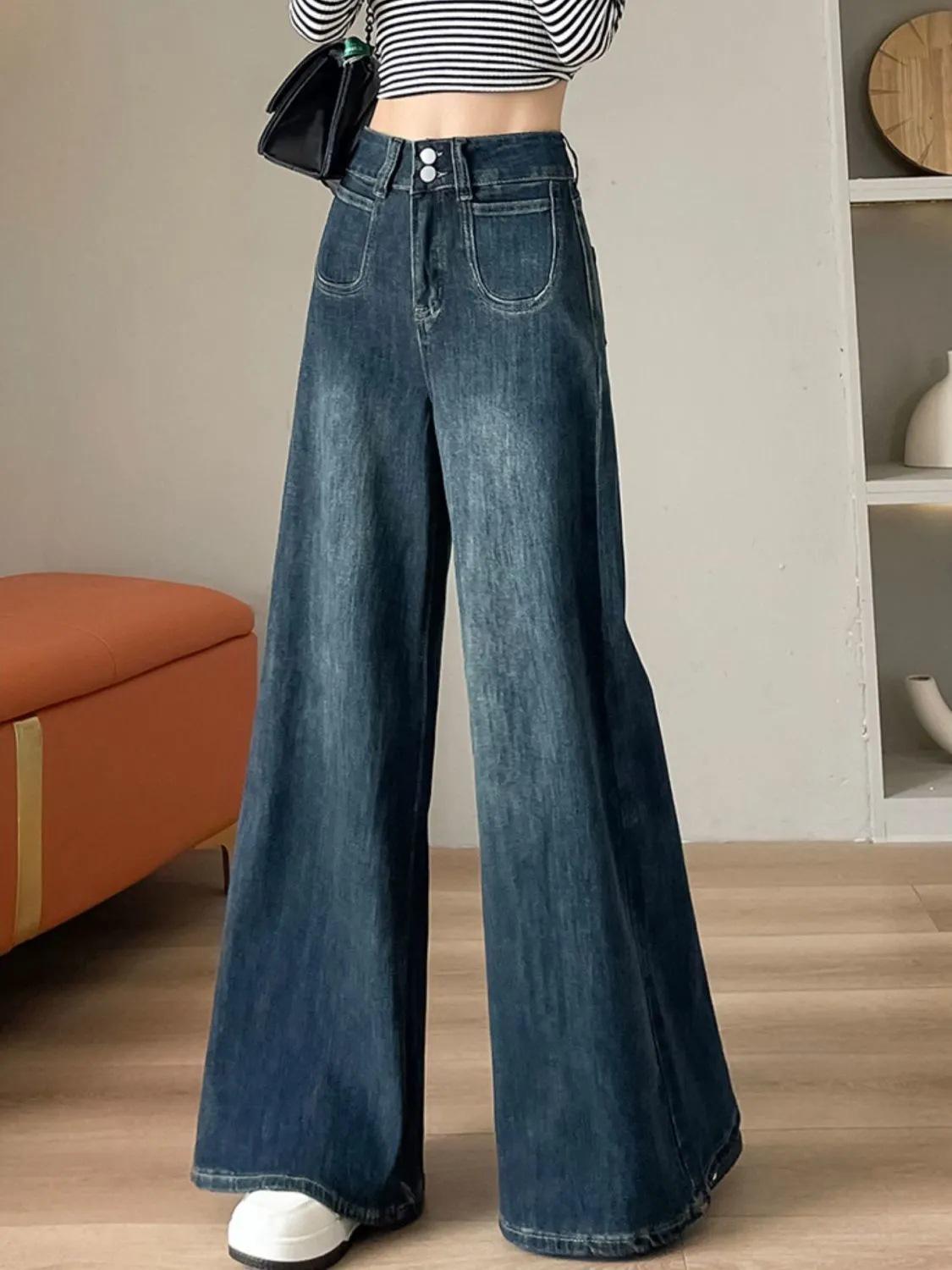 

Женские джинсы с высокой посадкой и широкими штанинами, Весна/Осень 2025, Свободные брюки микро-клеш в корейском стиле, Стройнящие S